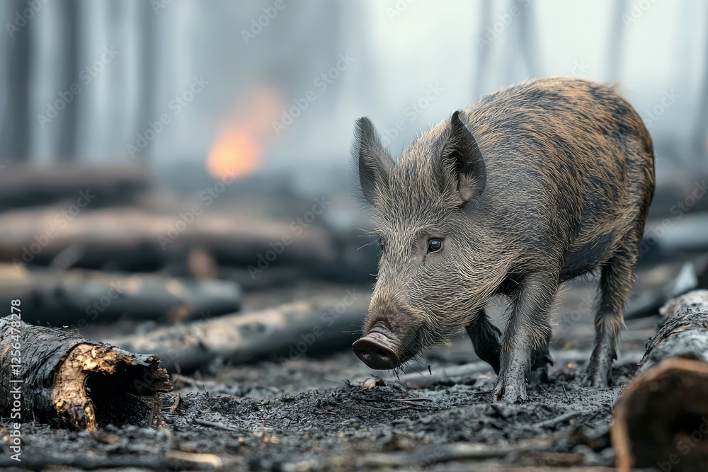 Pig is walking through a forest that has been burned by a fire Pig is walking through a forest that has been burned by a fire