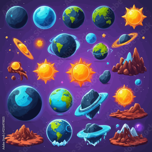 Futuristic alien planet vector set featuring diverse cosmic environments. Includes icy asteroids, lava planets, Earth-like worlds, and glowing celestial bodies, perfect for sci-fi designs