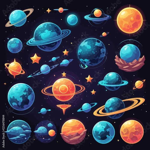 Futuristic alien planet vector set featuring diverse cosmic environments. Includes icy asteroids, lava planets, Earth-like worlds, and glowing celestial bodies, perfect for sci-fi designs