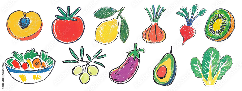 PNG Colorful hand-drawn fruits vegetables, element set on transparent background PNG Colorful hand-drawn fruits vegetables, element set on transparent background