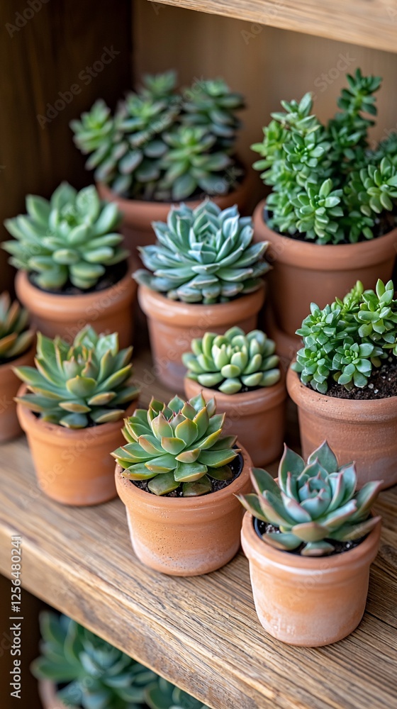 Collection of small succulents in terracotta pots on wooden shelf. Collection of small succulents in terracotta pots on wooden shelf.