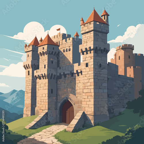 Seamless medieval stone castle wall vector featuring cracked bricks and fortress ruins. Perfect for game backgrounds, historical designs, and fantasy-themed illustrations.