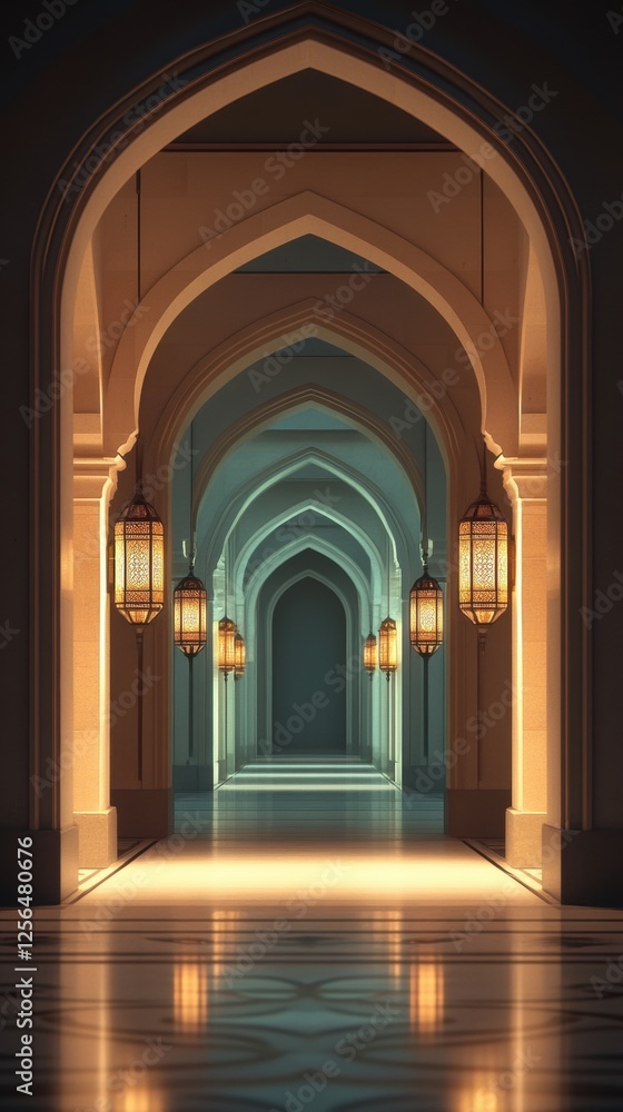 Elegant Islamic Architecture Featuring Symmetrical Arched Hallway with Lanterns and Soft Lighting Ideal for Eid Mubarak and Ramadan Kareem Greetings with Ample Copy Space Elegant Islamic Architecture Featuring Symmetrical Arched Hallway with Lanterns and Soft Lighting Ideal for Eid Mubarak and Ramadan Kareem Greetings with Ample Copy Space