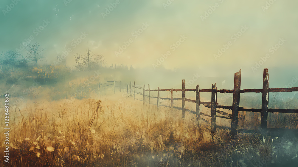 Obraz premium Rustic rural landscapes with worn-out rusty fences, soft diffused light, low saturation, earthy tones, serene mood, vintage feel. Time-Torn Landscapes. Illustration