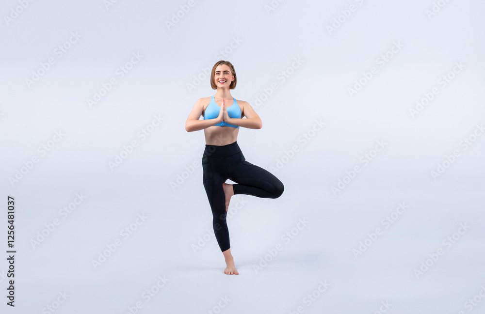 Full body length gaiety shot athletic and sporty woman doing healthy and meditative yoga exercise workout posture on isolated background. Healthy active and body care lifestyle Full body length gaiety shot athletic and sporty woman doing healthy and meditative yoga exercise workout posture on isolated background. Healthy active and body care lifestyle