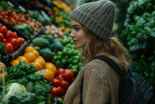 Wallpaper Mural Woman Browsing Produce Section: A profile view of a woman shopping for colorful fruits and vegetables. Torontodigital.ca