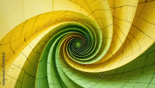 Dynamic Green & Yellow Grid Spiral: Abstract Geometric Vortex for Growth, Data & Technology Concepts