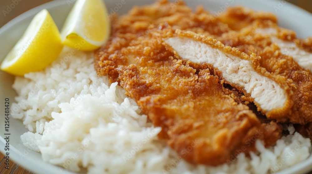 Close-up of rice with flavorful chicken schnitzel. Featuring crispy breaded chicken served over rice with lemon wedges. Emphasizing a crispy, flavorful dish. Ideal for schnitzel recipes. Close-up of rice with flavorful chicken schnitzel. Featuring crispy breaded chicken served over rice with lemon wedges. Emphasizing a crispy, flavorful dish. Ideal for schnitzel recipes.