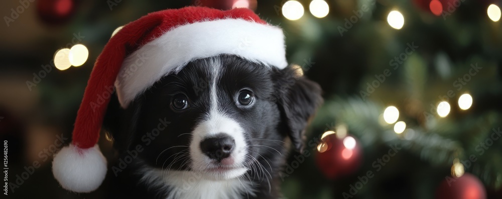 Adorable puppy in santa hat by decorated christmas tree Adorable puppy in santa hat by decorated christmas tree