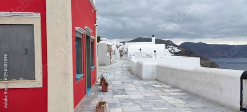 empty oia based on santorini greece people evacuated