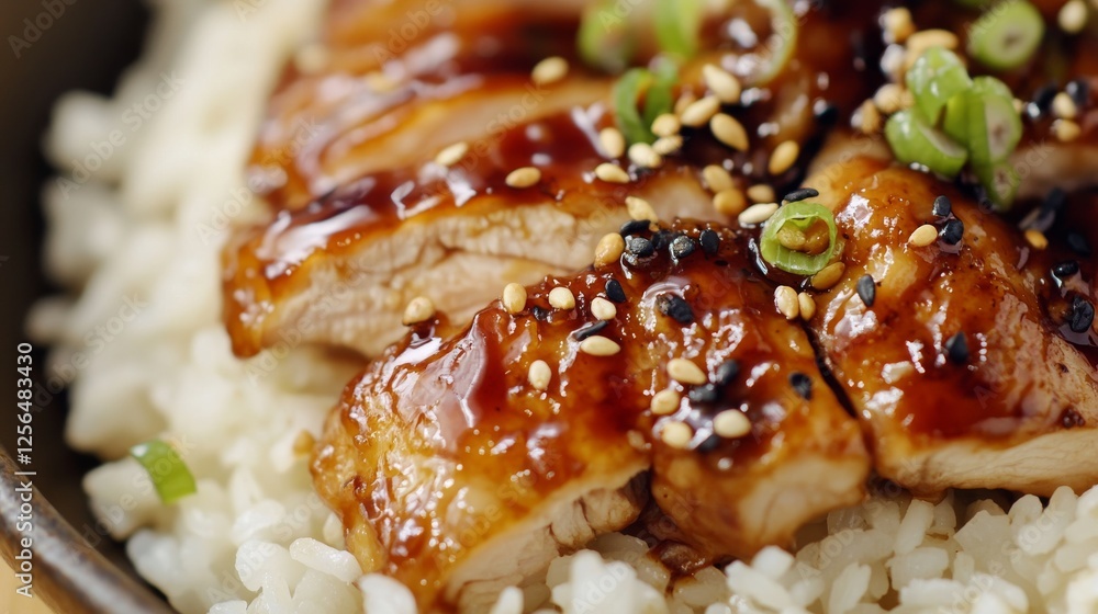 Close-up of rice with flavorful teriyaki chicken. Featuring chicken glazed in a sweet and savory teriyaki sauce, served over rice. Emphasizing a tender, flavorful dish. Ideal for teriyaki recipes. Close-up of rice with flavorful teriyaki chicken. Featuring chicken glazed in a sweet and savory teriyaki sauce, served over rice. Emphasizing a tender, flavorful dish. Ideal for teriyaki recipes.