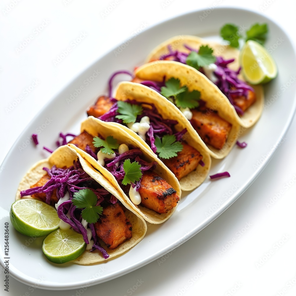 Delicious grilled fish tacos with purple cabbage and lime on white plate. Garnished cilantro, creamy sauce in tortillas. Traditional Mexican dish. Lunch or dinner meal with epicure cuisine. Delicious grilled fish tacos with purple cabbage and lime on white plate. Garnished cilantro, creamy sauce in tortillas. Traditional Mexican dish. Lunch or dinner meal with epicure cuisine.