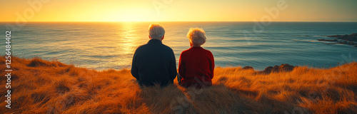 A couple sitting on a hill overlooking the ocean at sunset. Scene is peaceful and romantic