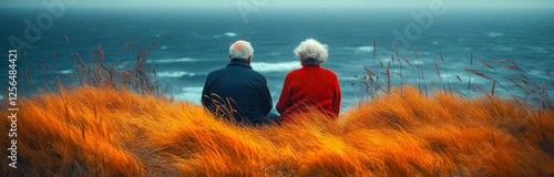 Two older people are sitting on a hill overlooking the ocean. The man is wearing a black jacket and the woman is wearing a red sweater. The scene is peaceful and serene