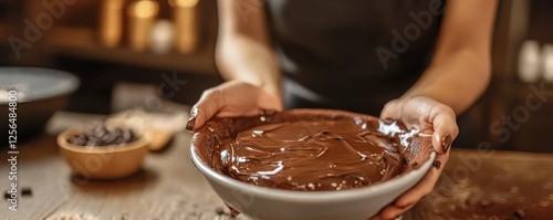 Female preparing rich chocolate ganache in a kitchen setting photo