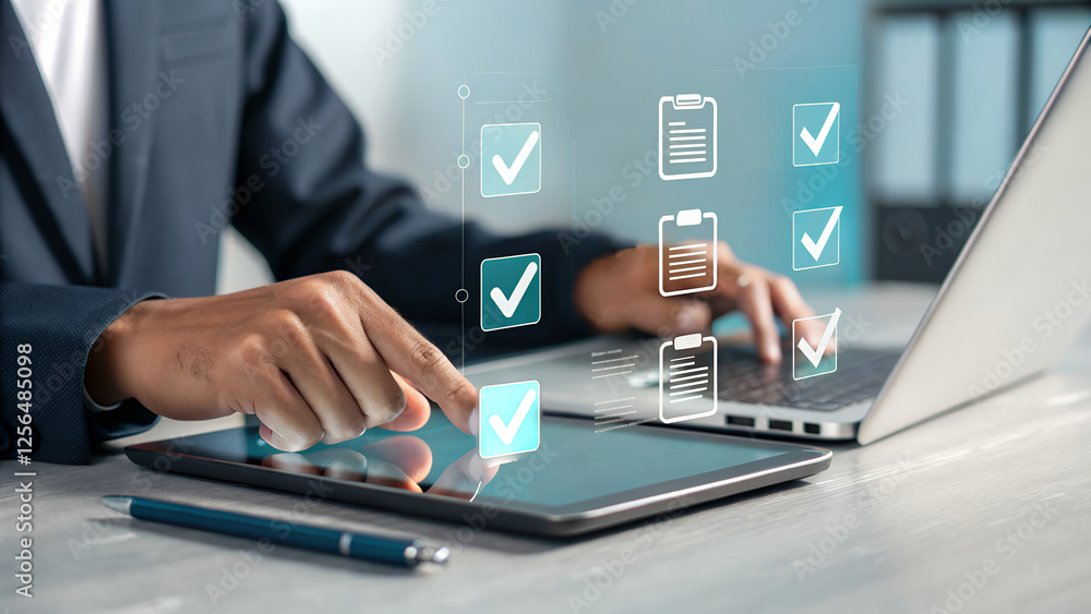 Fototapeta premium Streamline Your Business: Digital Checklists for Certification & Quality Assurance. Boost Efficiency, Improve Compliance, and Achieve Peak Performance