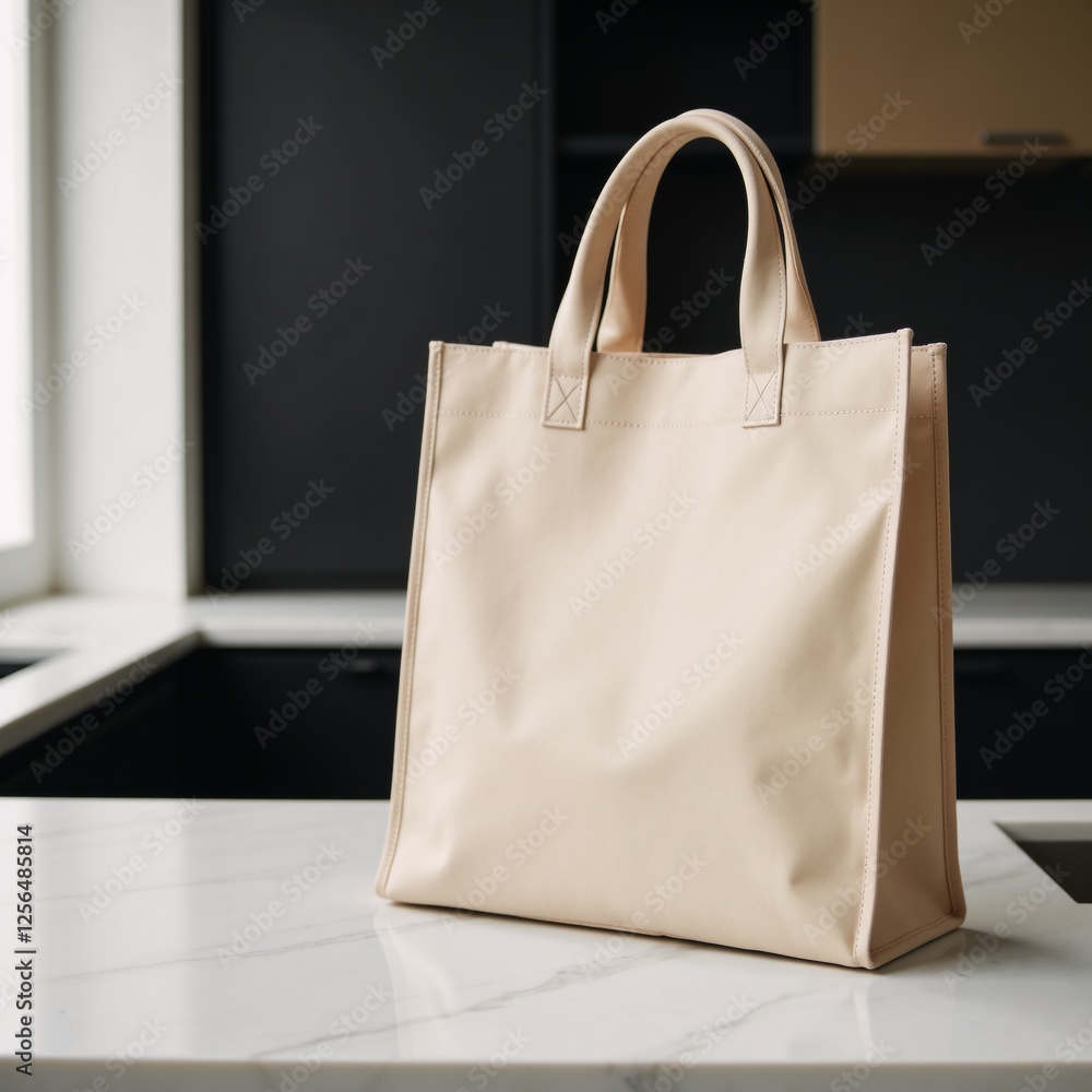 Eco-friendly shopping bag mockup with beige tote bag on marble background