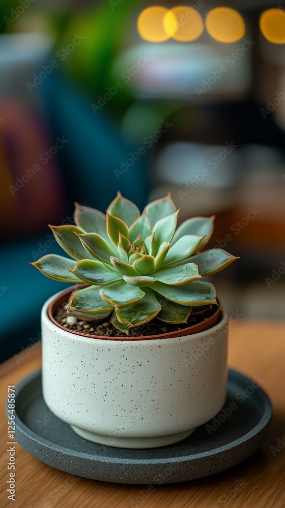 Succulent plant in a pot on a table. Succulent plant in a pot on a table.