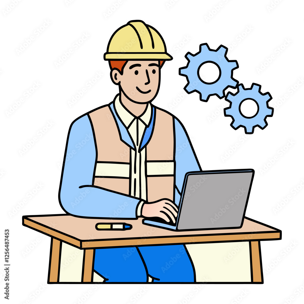 Engineer working at a desk with gears tools Engineer working at a desk with gears tools