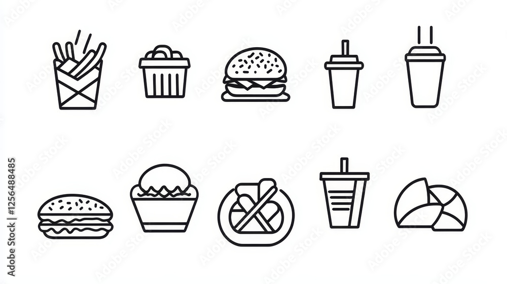 Fast food icons of vector burger, pizza and hamburger, sandwich, hot dog and mexican taco, fried chicken, french fries and glazed donut. Fast food restaurant, cafe, pizzeria and bistro emblems design Fast food icons of vector burger, pizza and hamburger, sandwich, hot dog and mexican taco, fried chicken, french fries and glazed donut. Fast food restaurant, cafe, pizzeria and bistro emblems design