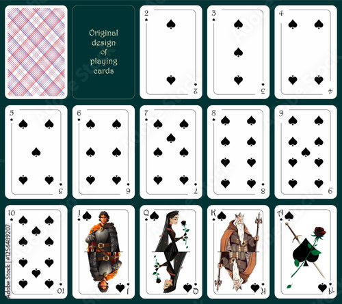 Original design of playing cards. All cards are of the spade suit. Standard poker deck from deuce to ace