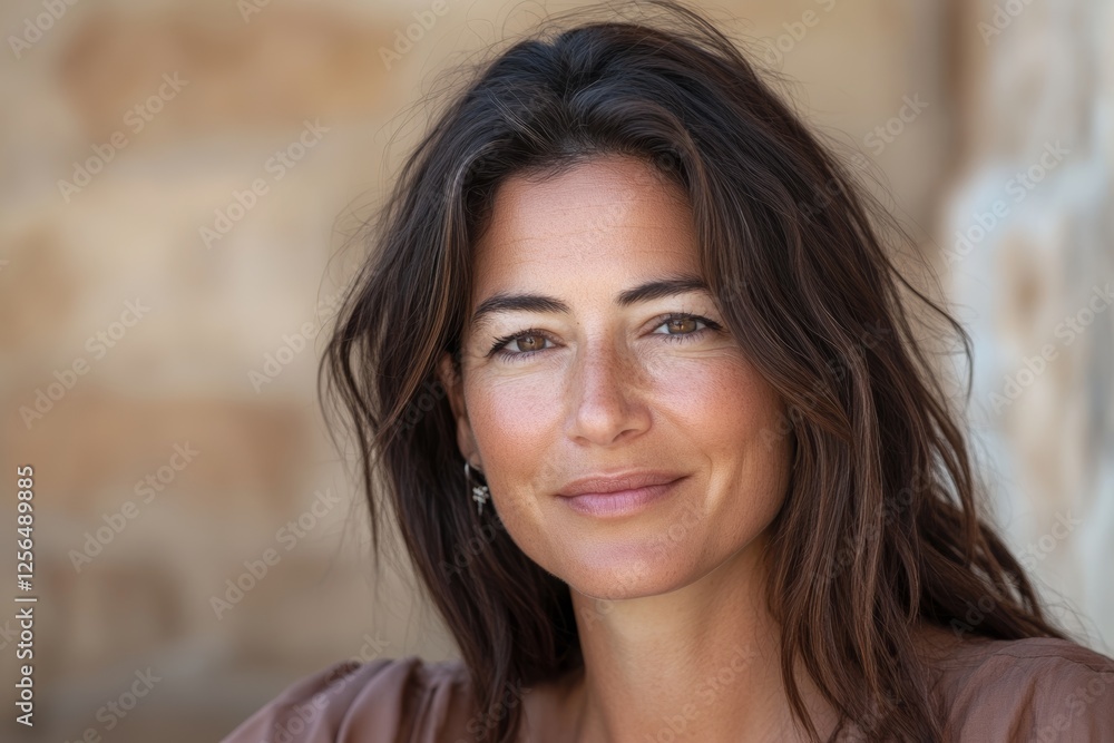 Smiling young caucasian female against stone background Smiling young caucasian female against stone background