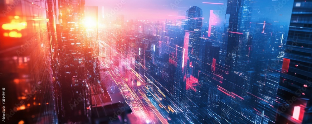 Obraz premium Futuristic cityscape with neon lights at sunset
