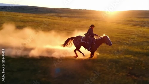 A dynamic action shot of a cowboy riding a horse at full gallop across open plains, dust flying in the air as they race through a golden sunset.