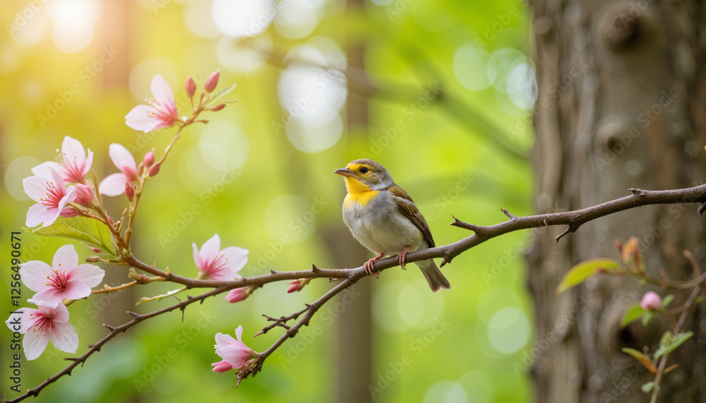 Fototapeta premium Bird perched on branch surrounded by blooming flowers