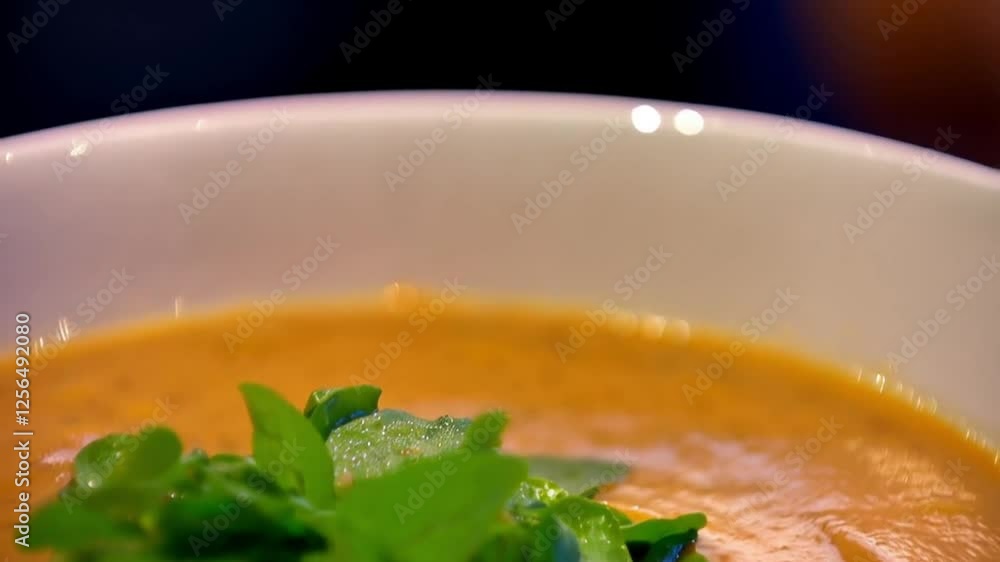 ,A bowl of rich and creamy soup, topped with a fresh green garnish, offering a deliciously smooth and comforting appearance, ,A bowl of rich and creamy soup, topped with a fresh green garnish, offering a deliciously smooth and comforting appearance,