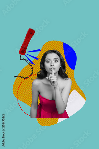 Sketch image trend artwork montage 3D photo collage of landline phone wire service support young woman shh gesture finger mute silence photo