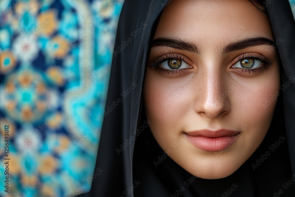 Young caucasian female with headscarf against colorful mosaic background Young caucasian female with headscarf against colorful mosaic background