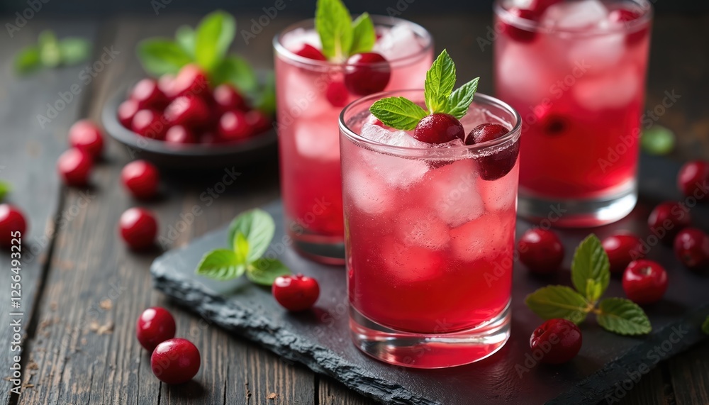 Sparkling cranberry spritzer drinks served with fresh fruit and mint leaves for festive gatherings. Refreshing red cocktails or mocktails on table for party, wedding, birthday. Fruity flavors. Sparkling cranberry spritzer drinks served with fresh fruit and mint leaves for festive gatherings. Refreshing red cocktails or mocktails on table for party, wedding, birthday. Fruity flavors.