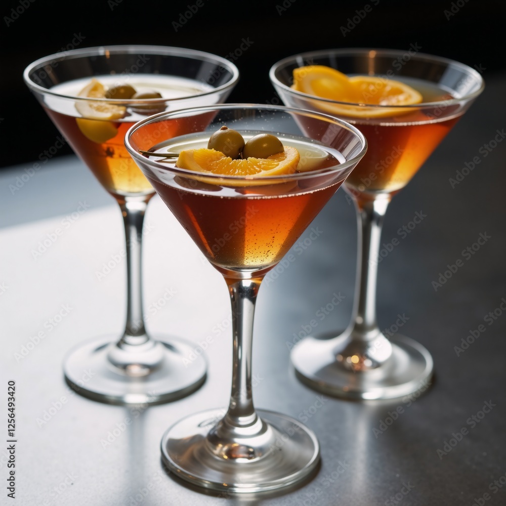 Three martinis displayed in glasses Three martinis displayed in glasses