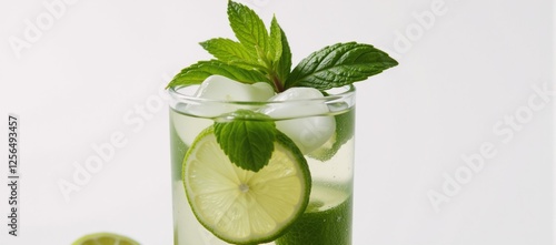 Close-up image showcases a refreshing mojito cocktail with ice fresh mint leaves and sliced limes against a crisp white backdrop photo