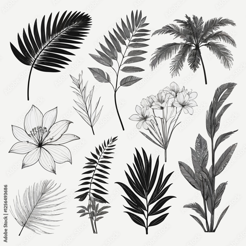 Elegant tropical palm branch with flowers in silhouette and line style. Hand-drawn exotic leaves, perfect for invitations, branding, and botanical designs. Elegant tropical palm branch with flowers in silhouette and line style. Hand-drawn exotic leaves, perfect for invitations, branding, and botanical designs.