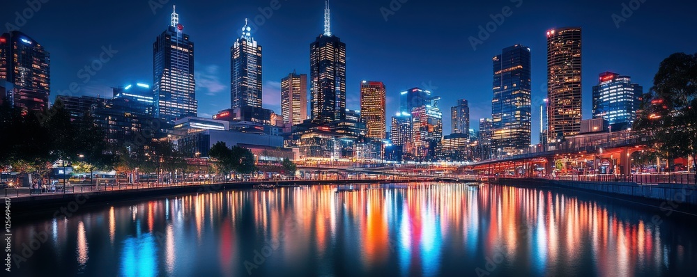 Obraz premium Vibrant night cityscape of melbourne skyline reflecting in yarra river