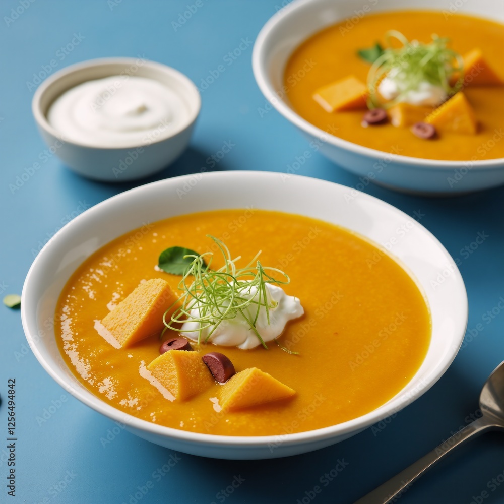 Vegan pumpkin soup with coconut cream green pea sprouts seeds winter vegan slow food in a blue-toned table setting top view Vegan pumpkin soup with coconut cream green pea sprouts seeds winter vegan slow food in a blue-toned table setting top view