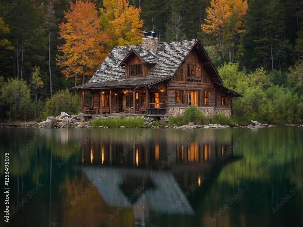 Tranquil Cabin by the Lake Surrounded by Nature and Scenic Woods at Sunset Tranquil Cabin by the Lake Surrounded by Nature and Scenic Woods at Sunset