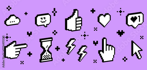 3D pixel art tech design elements. Thumbs up, hourglass, pointer icon. Mood of 90's. 8 bit retro style vector illustration. Y2k simple geometric shape for collage sticker, poster. Game abstract icons