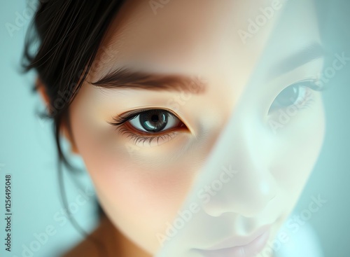 an image of a woman with a double exposure of her eyes, there is a woman with a white shirt and a blue background photo