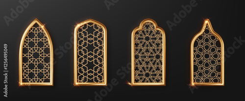 Arabic golden mosque arches isolated on black, ideal for Ramadan Kareem themes. Traditional Islamic window frames in gold, featuring Moroccan-inspired silhouettes