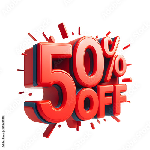 3D 50% off red cut out sign on white background