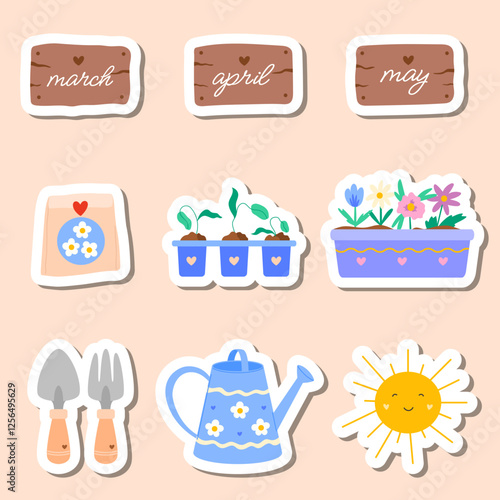 Spring stickers set with flowers, gardening tools, shovel, seedlings, sun, watering can, sign "March, April, May". Vector illustration for kids sticker kit, scrapbooking, greeting card, poster, tag