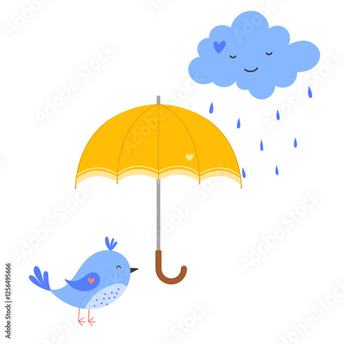 Cute cartoon bird under umbrella and rain cloud, vector illustration in flat style. Weather concept, nature and birds