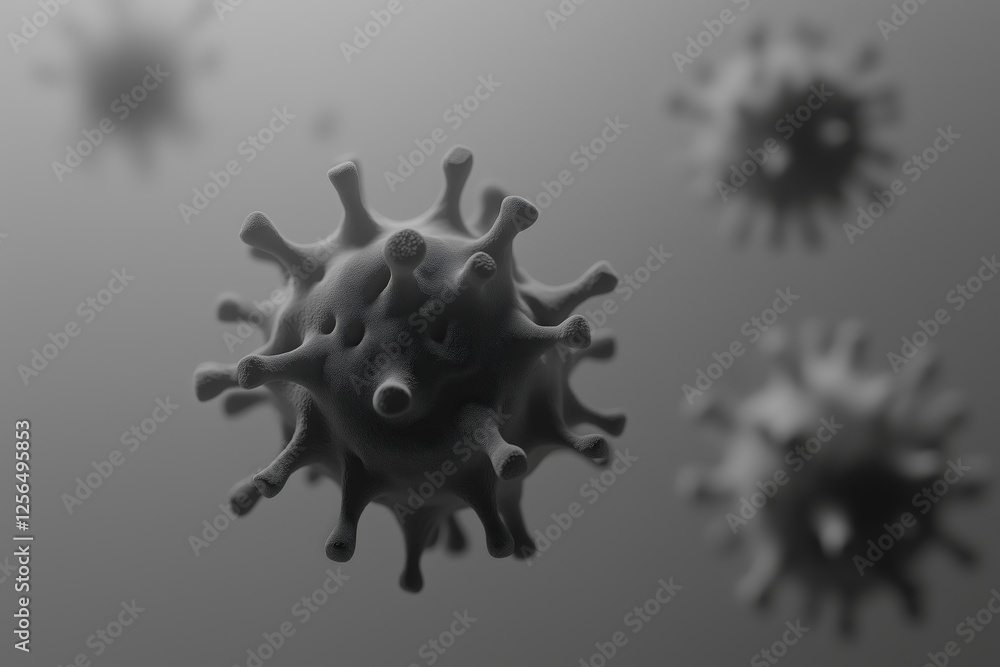 Detailed microscopic depiction of dangerous virus with surface spikes, conveying scientific visualization of pathogen with attention to detail and accuracy. Detailed microscopic depiction of dangerous virus with surface spikes, conveying scientific visualization of pathogen with attention to detail and accuracy.