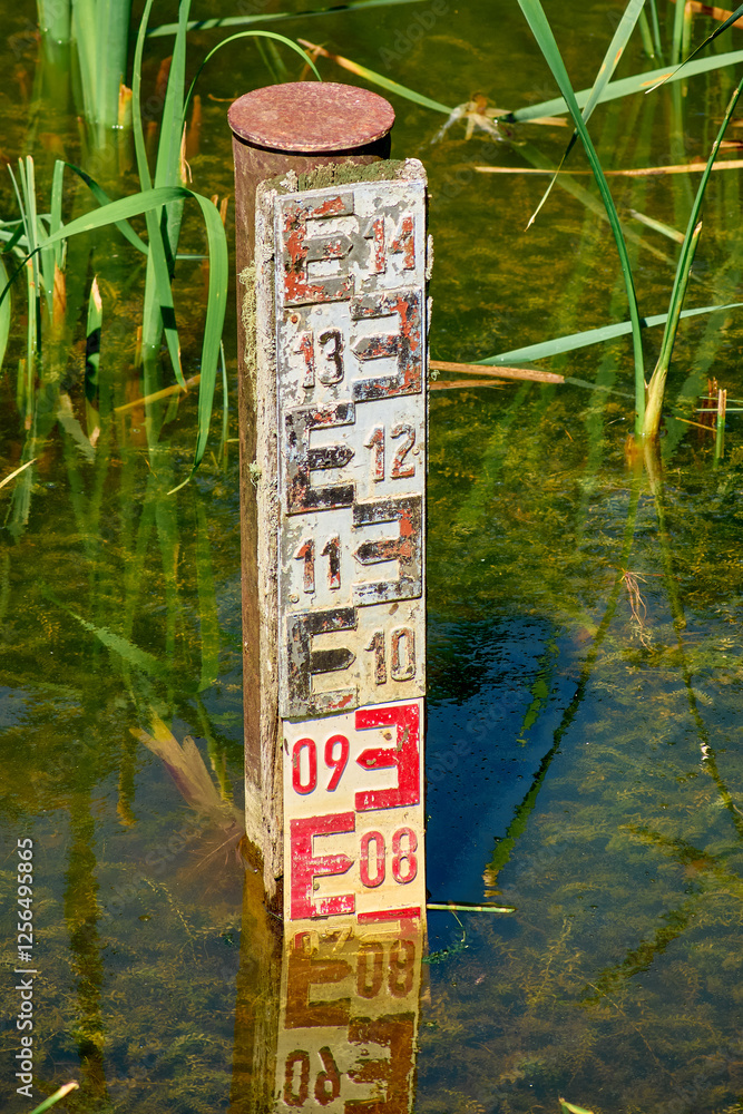 Graduated hydrometric mira for measuring the water depth in the lake