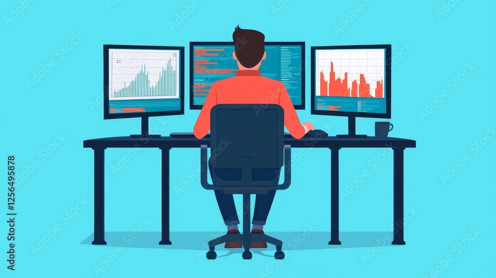 Corporate Person Analyzing Data on Multiple Computer Screens in a Modern Office Environment Corporate Person Analyzing Data on Multiple Computer Screens in a Modern Office Environment