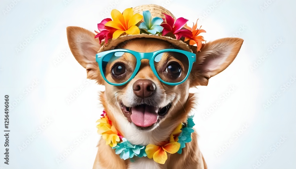 Happy dog in sunglasses and flower crown studio setting pet portrait playful atmosphere close-up fun vibes Happy dog in sunglasses and flower crown studio setting pet portrait playful atmosphere close-up fun vibes