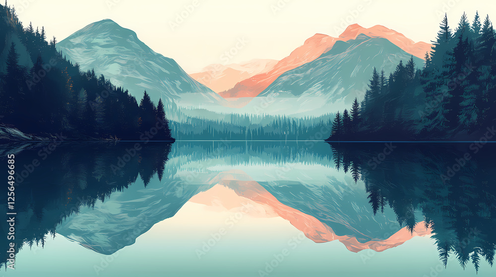 Fototapeta premium Quiet water serene a glassy lake surface reflecting the surrounding mountains and forests, creating a mirror like effect. Whispering Mirrors. Illustration